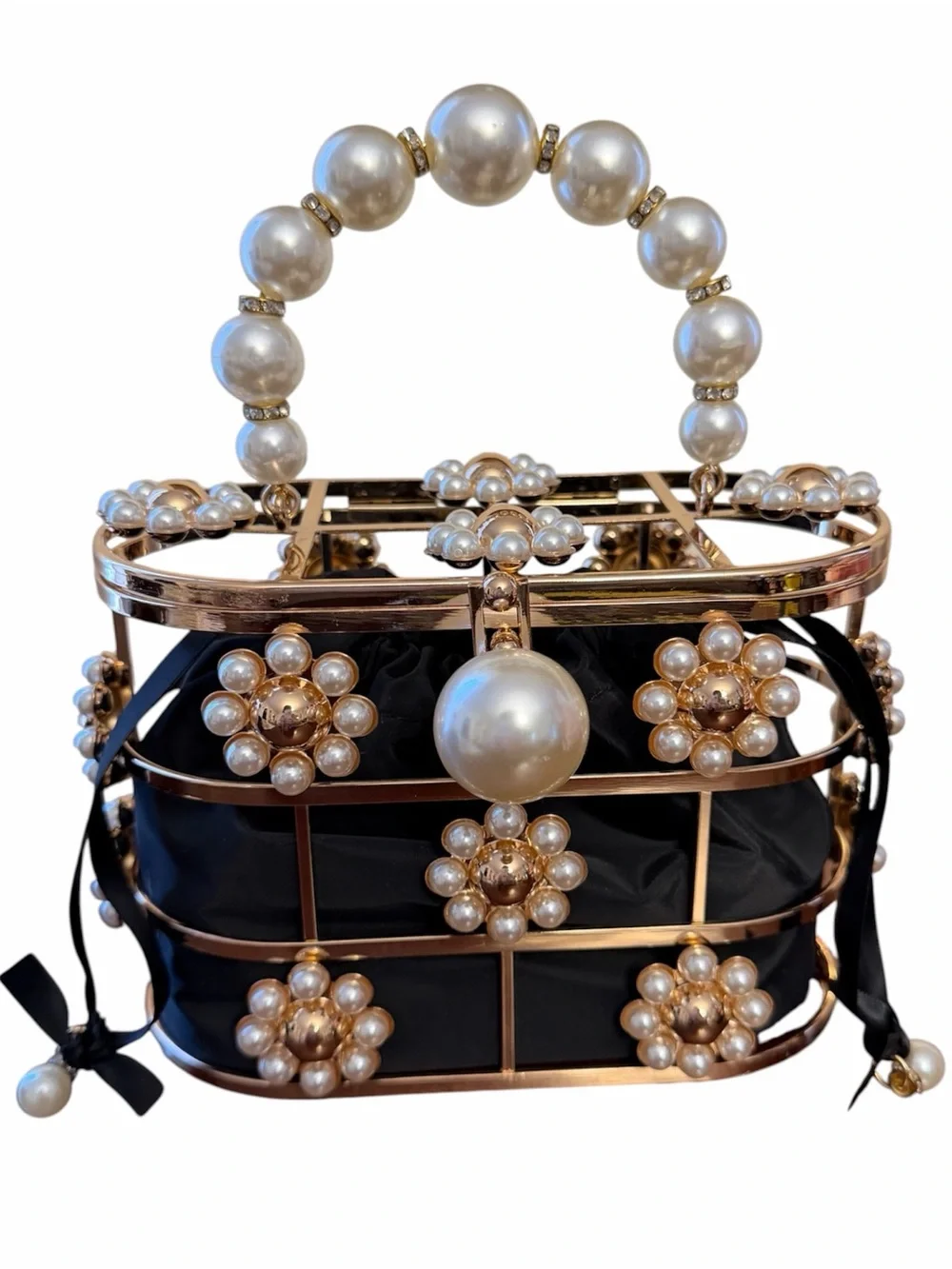 Pearl-Embellished Gold toned Cage frame Minaudière Top black pouch Handle bag